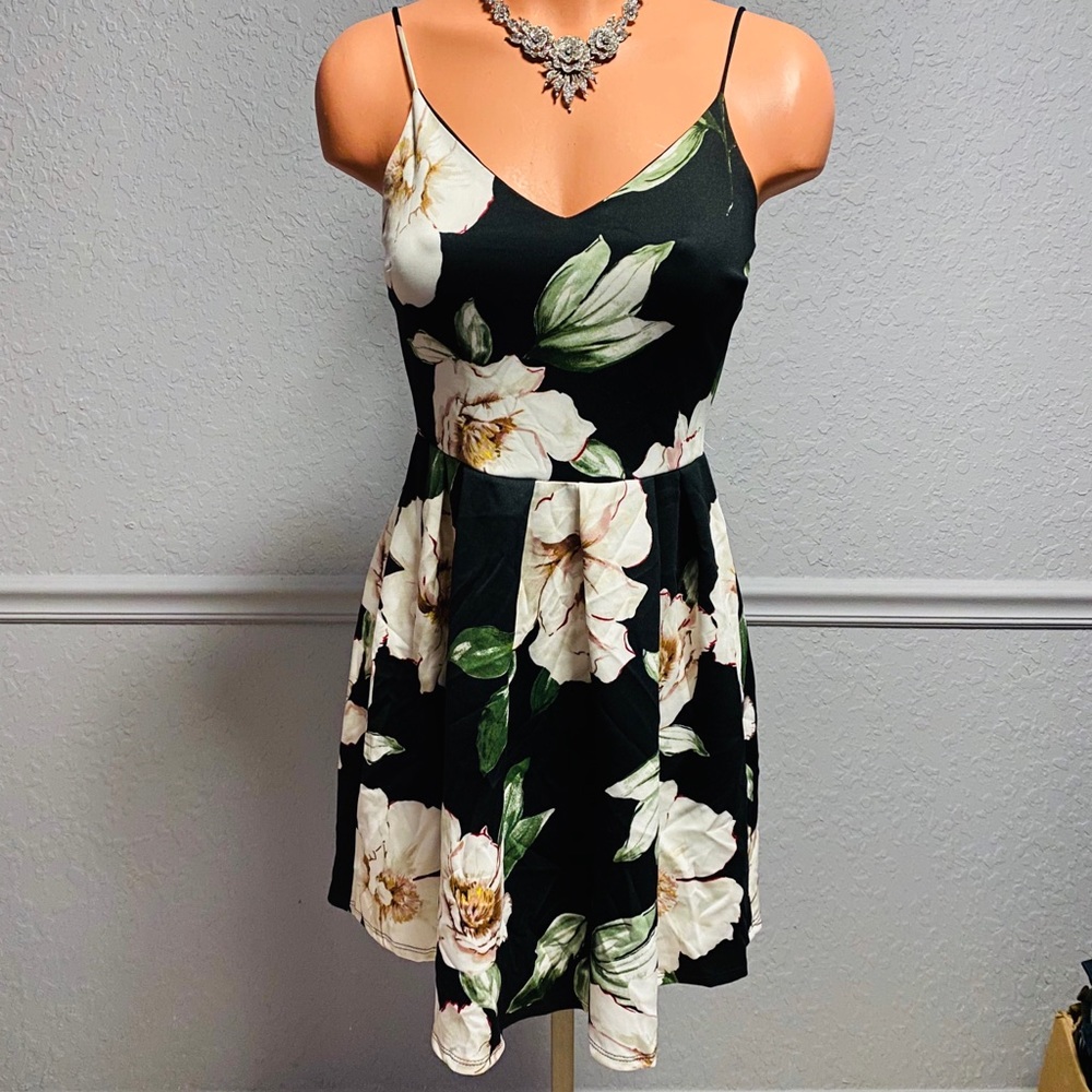 NWT Sopranos black cream green floral mini dress S